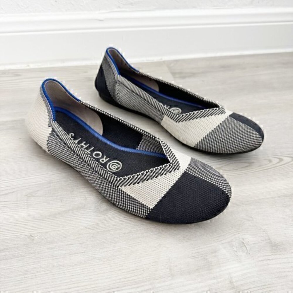 Rothy's The Flat Round Cap Toe Plaid Blue Halo Limited Edition‎ Ballet Shoes 6.5